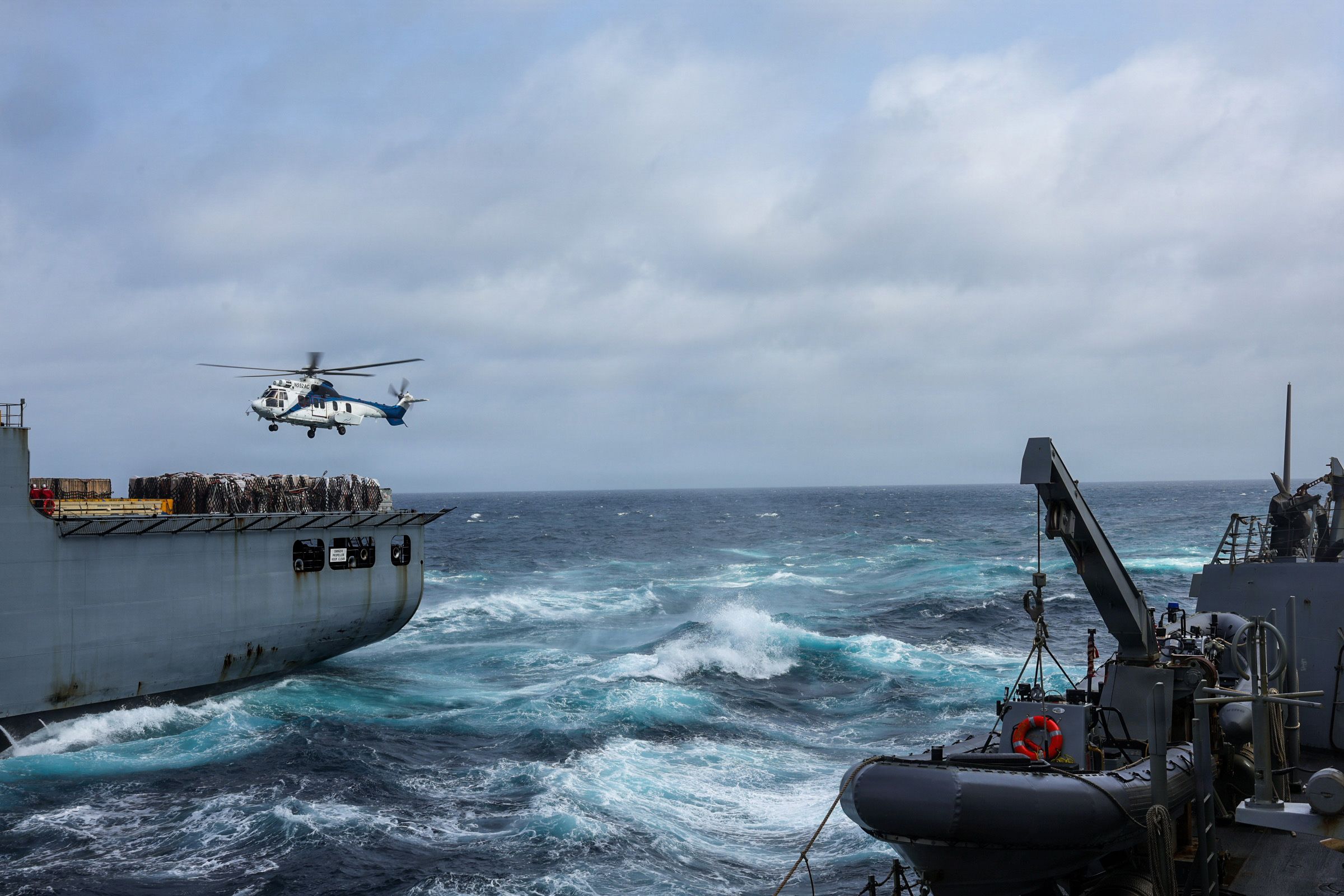 <i>US Navy via CNN Newsource</i><br/>An EC-225 Super Puma approaches the flight deck of the USNS Wally Schirra
