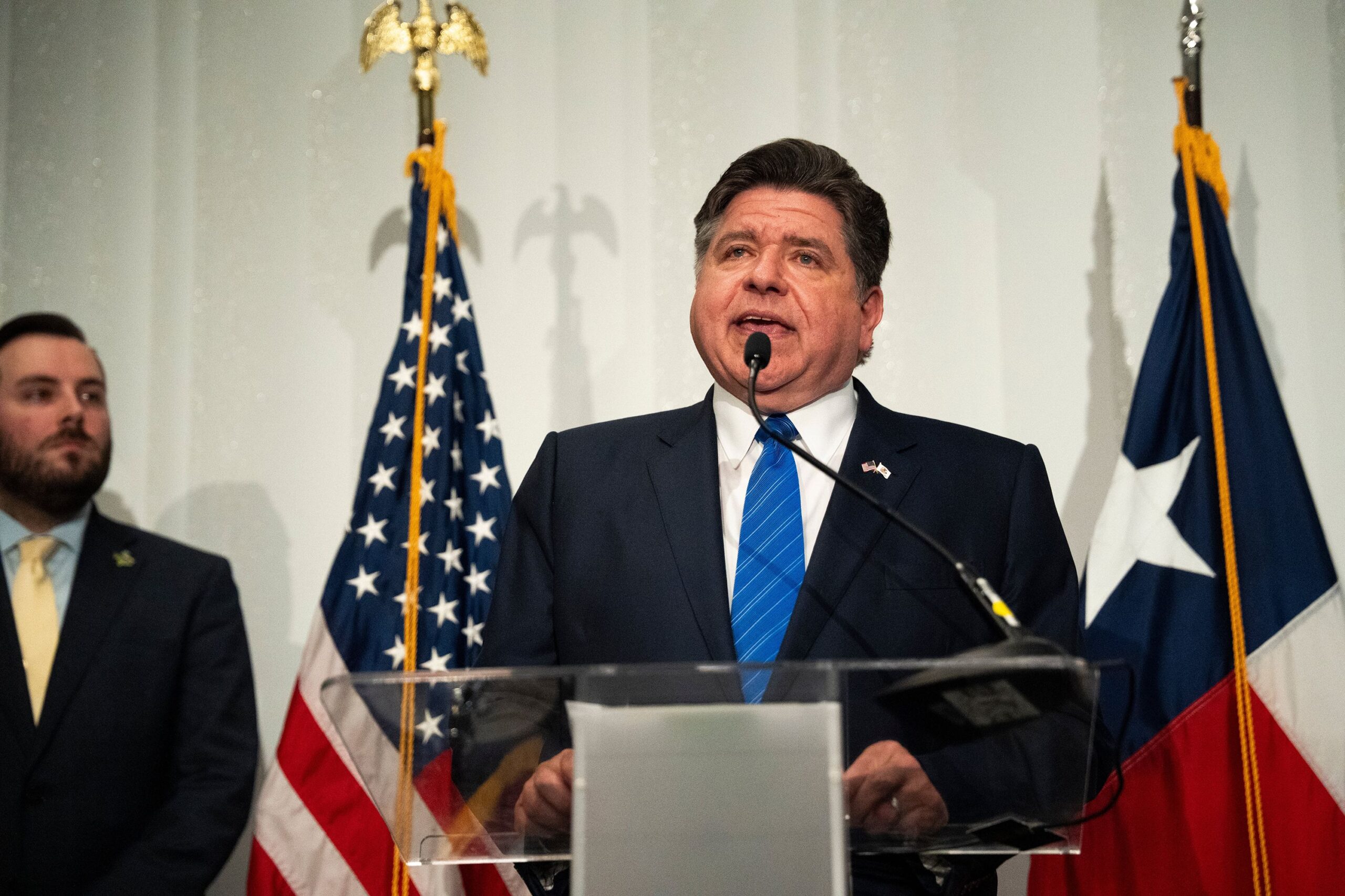 <i>Gabriela Passos/AP via CNN Newsource</i><br/>Illinois Gov. JB Pritzker speaks at a Texas Democratic Party press conference ahead of the Republican midterm convention on September 9