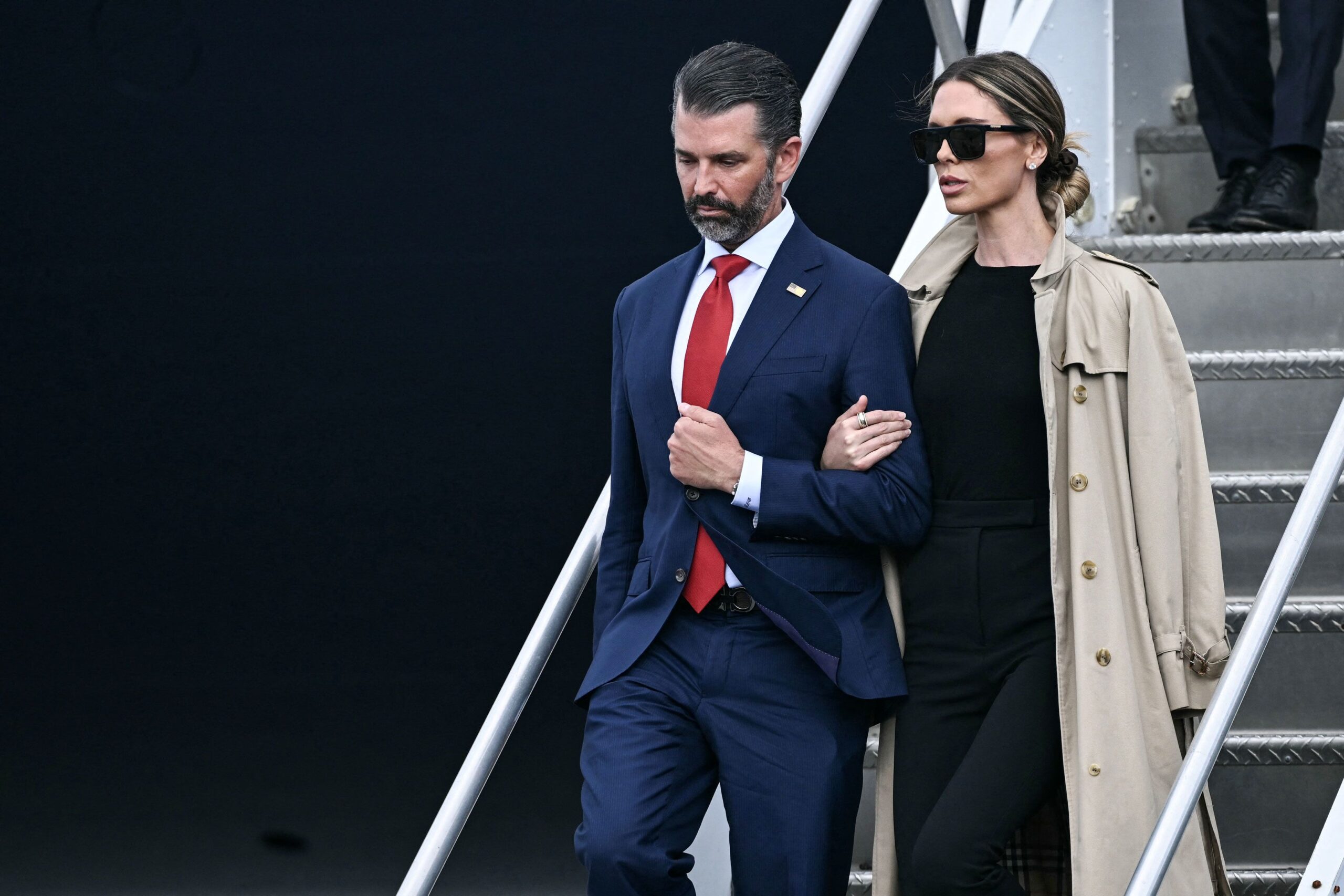 <i>Brendan Smialowski/AFP/Getty Images via CNN Newsource</i><br/>Donald Trump Jr. and his wife Bettina disembark from Air Force One as they arrive with US President Donald Trump at Shannon Airport in Shannon