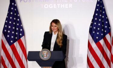 US first lady Melania Trump speaks at a press conference to announce the expansion of her "Fostering the Future Together" coalition in New York