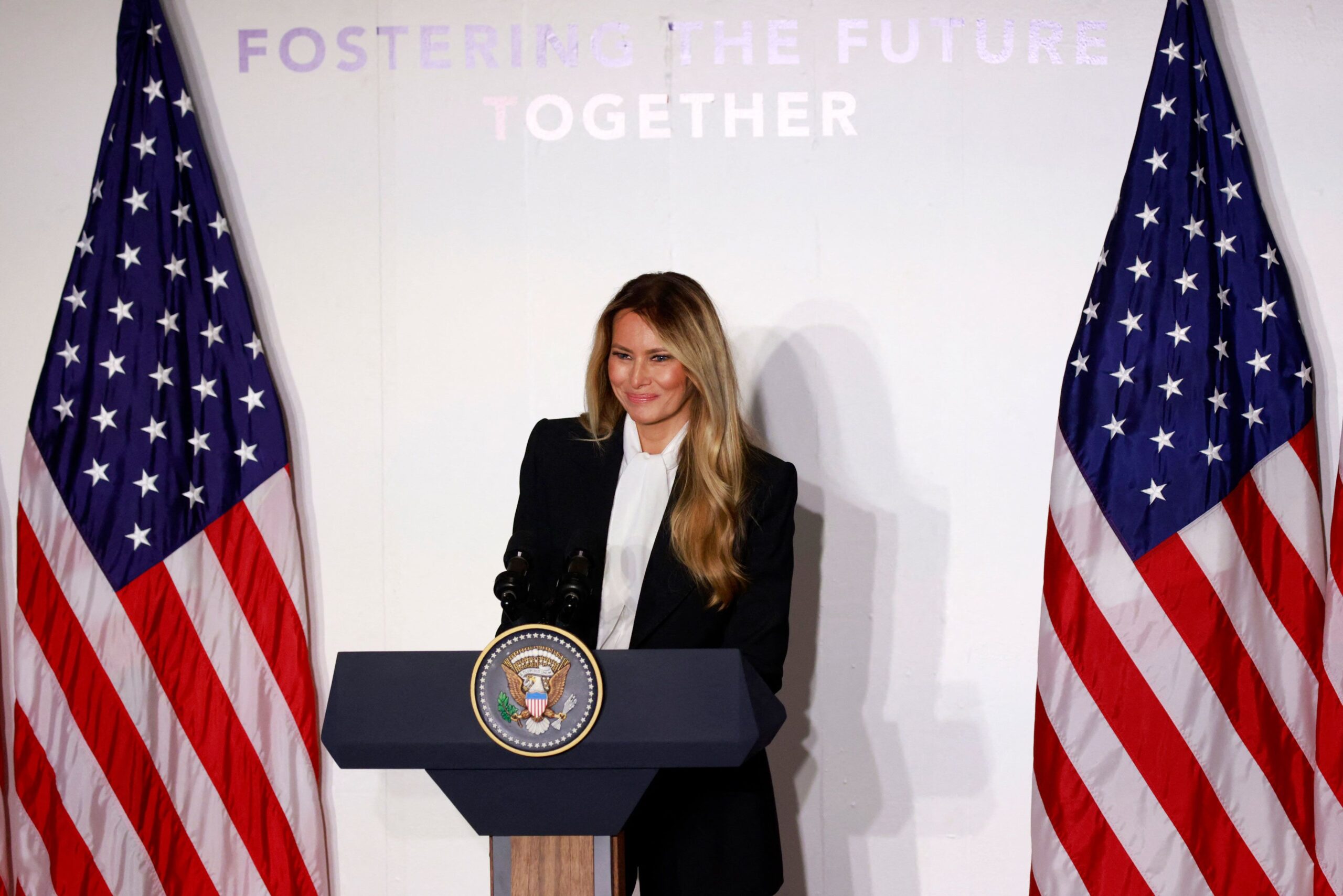 <i>Leonardo Munoz/AFP/Getty Images via CNN Newsource</i><br/>US first lady Melania Trump speaks at a press conference to announce the expansion of her 