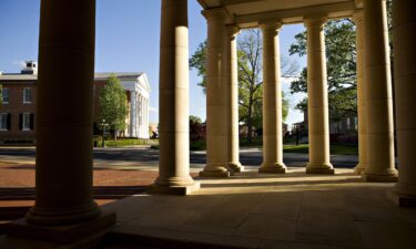 The Lyceum is seen through the Arrival Pavilion at the University of Mississippi in Oxford