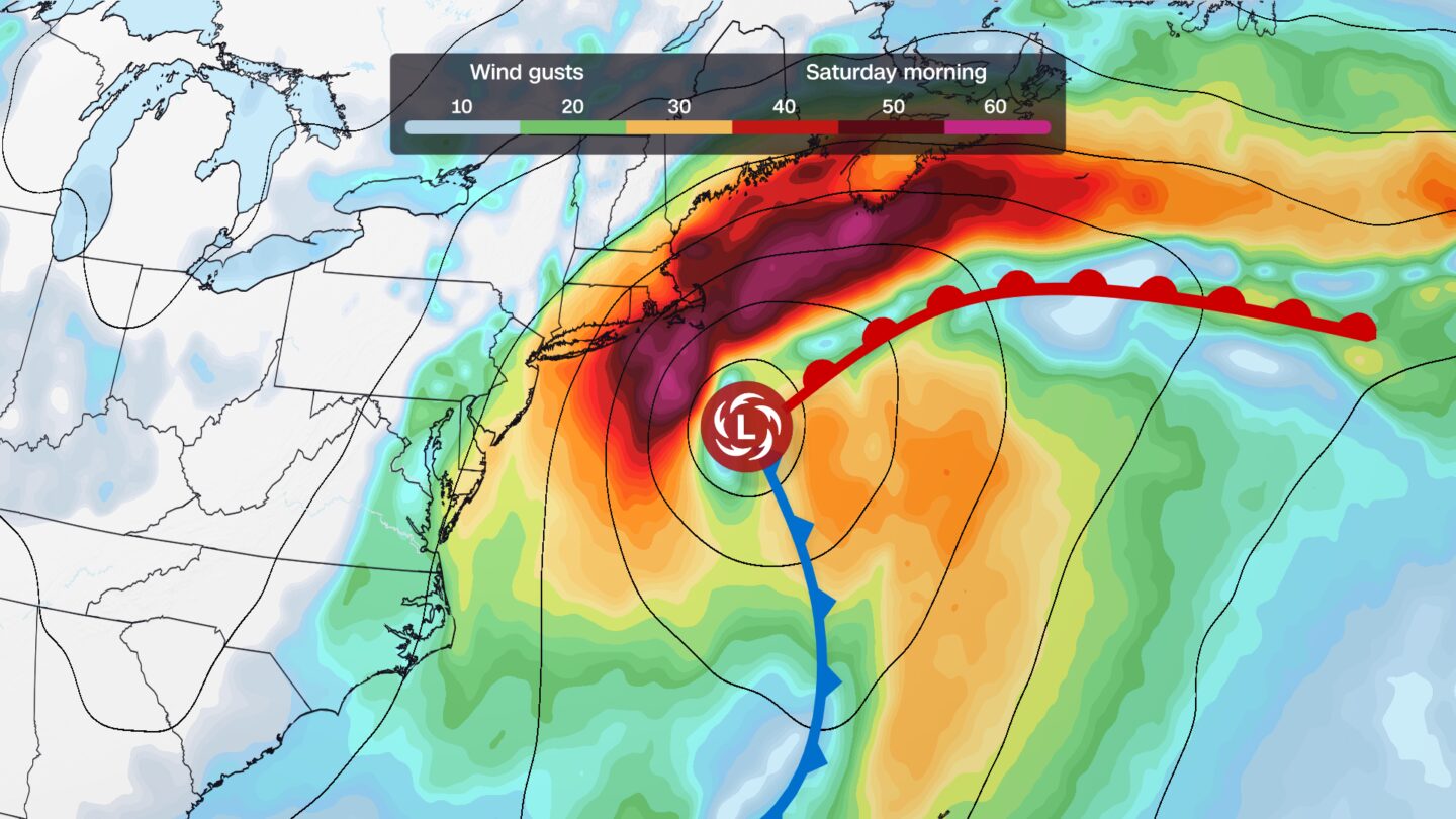 <i>CNN Weather via CNN Newsource</i><br/>A computer model forecast of the storm's location and wind speeds on Saturday morning.