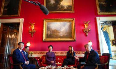 US President Donald Trump speaks during a tea ceremony with President of China Xi Jinping