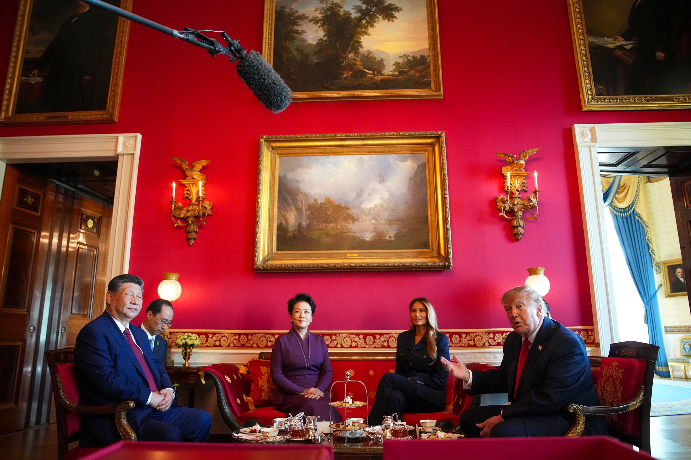 <i>Andrew Harnik/Getty Images via CNN Newsource</i><br/>US President Donald Trump speaks during a tea ceremony with President of China Xi Jinping