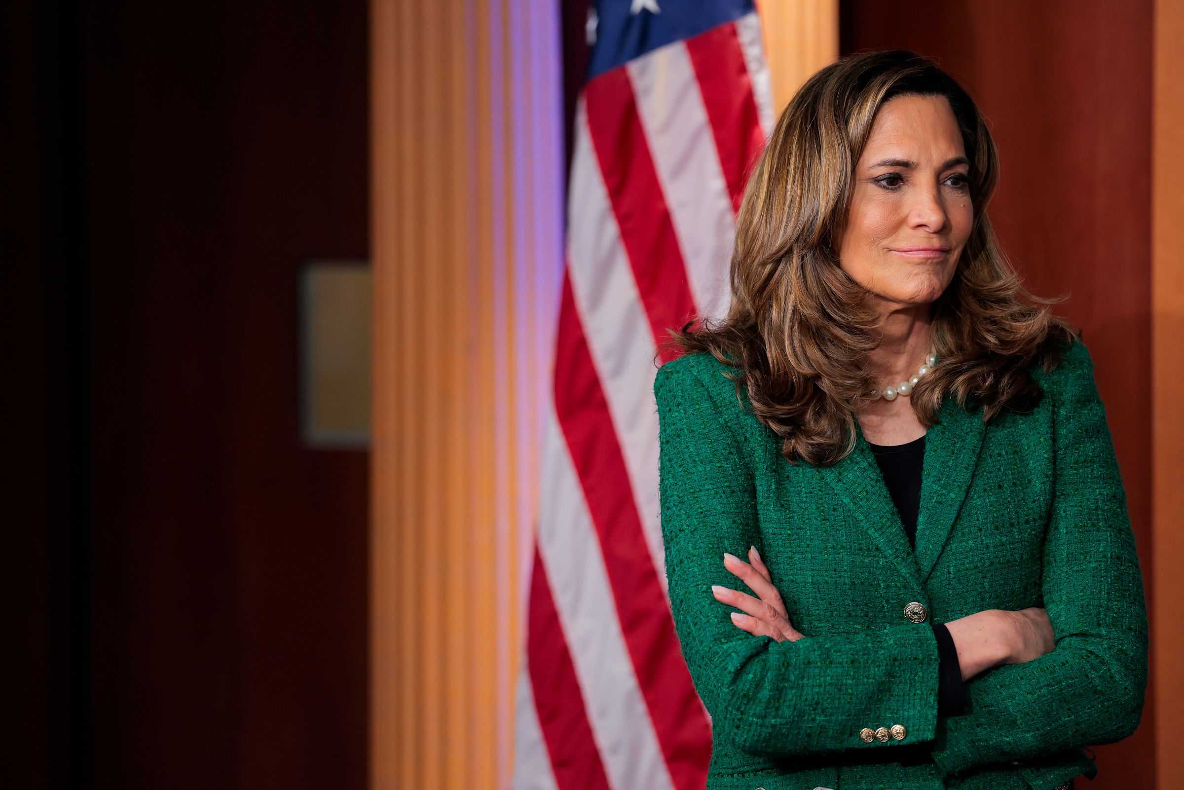 <i>Heather Diehl/Getty Images via CNN Newsource</i><br/>Rep. Maria Elvira Salazar looks on during a news conference about the indictment of the former President of Cuba Raul Castro in the US Capitol on May 20.