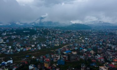 An aerial view of the cityscape under rainy skies in Lalitpur