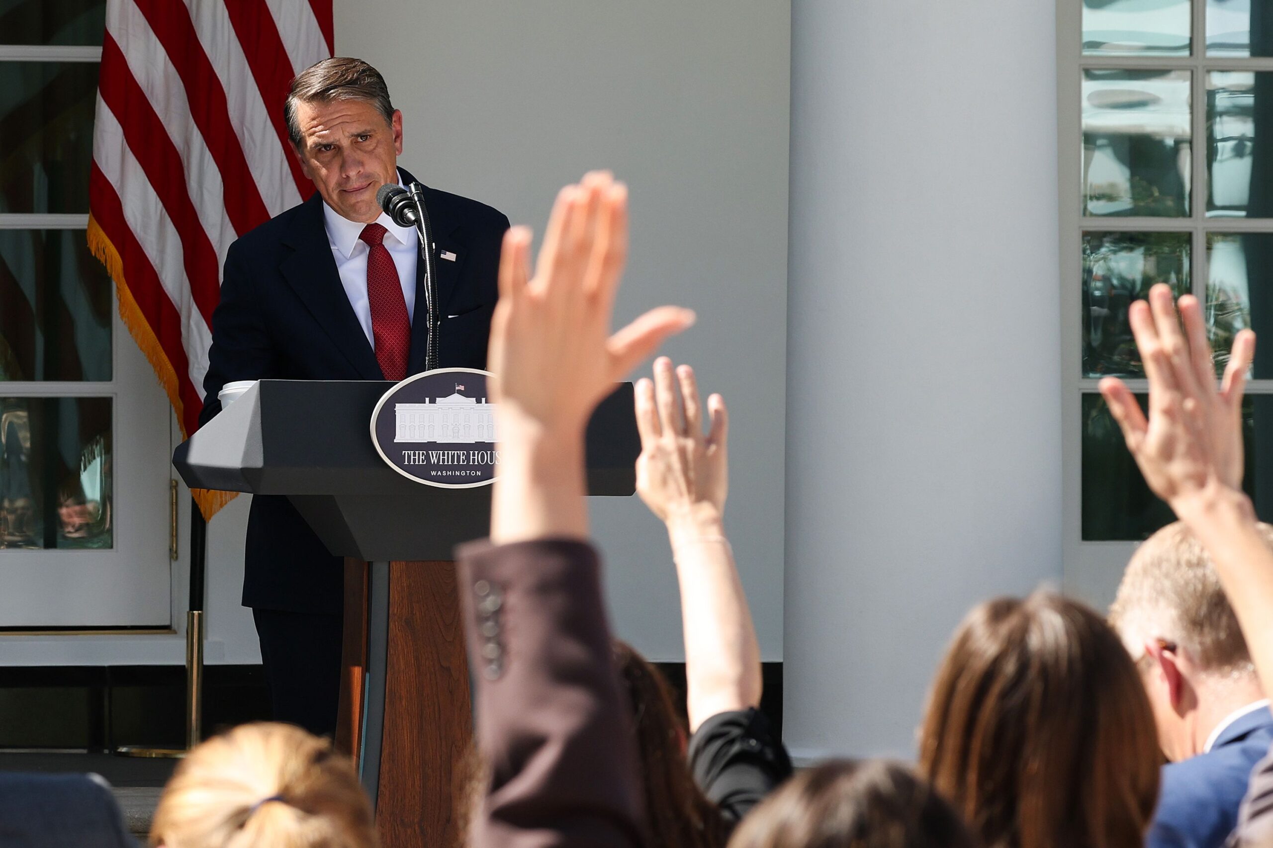 <i>Win McNamee/Getty Images via CNN Newsource</i><br/>U.S. Attorney General Todd Blanche takes questions from reporters during a press briefing in the Rose Garden of the White House on September 15