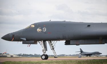 A US Air Force B-1 Lancer bomber is pictured on the tarmac at RAF Fairford on Sunday.