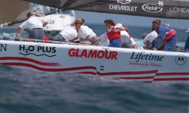 The mostly-female crew of America3 syndicate yacht Mighty Mary perform deck procedures during their Citizen Cup race for the America's Cup against Dennis Conner's Stars and Stripes off the coast of San Diego on April 26