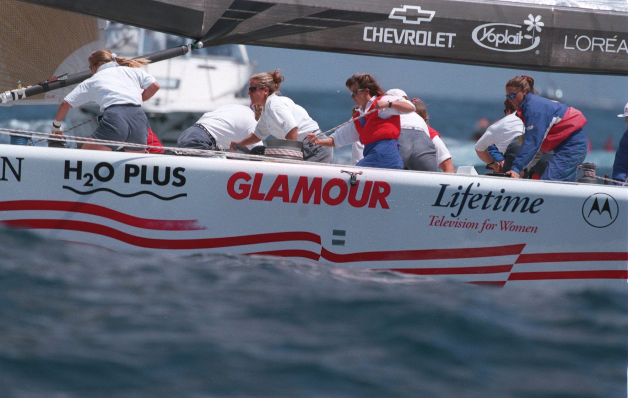 <i>Al Bello/Getty Images via CNN Newsource</i><br/>The mostly-female crew of America3 syndicate yacht Mighty Mary perform deck procedures during their Citizen Cup race for the America's Cup against Dennis Conner's Stars and Stripes off the coast of San Diego on April 26