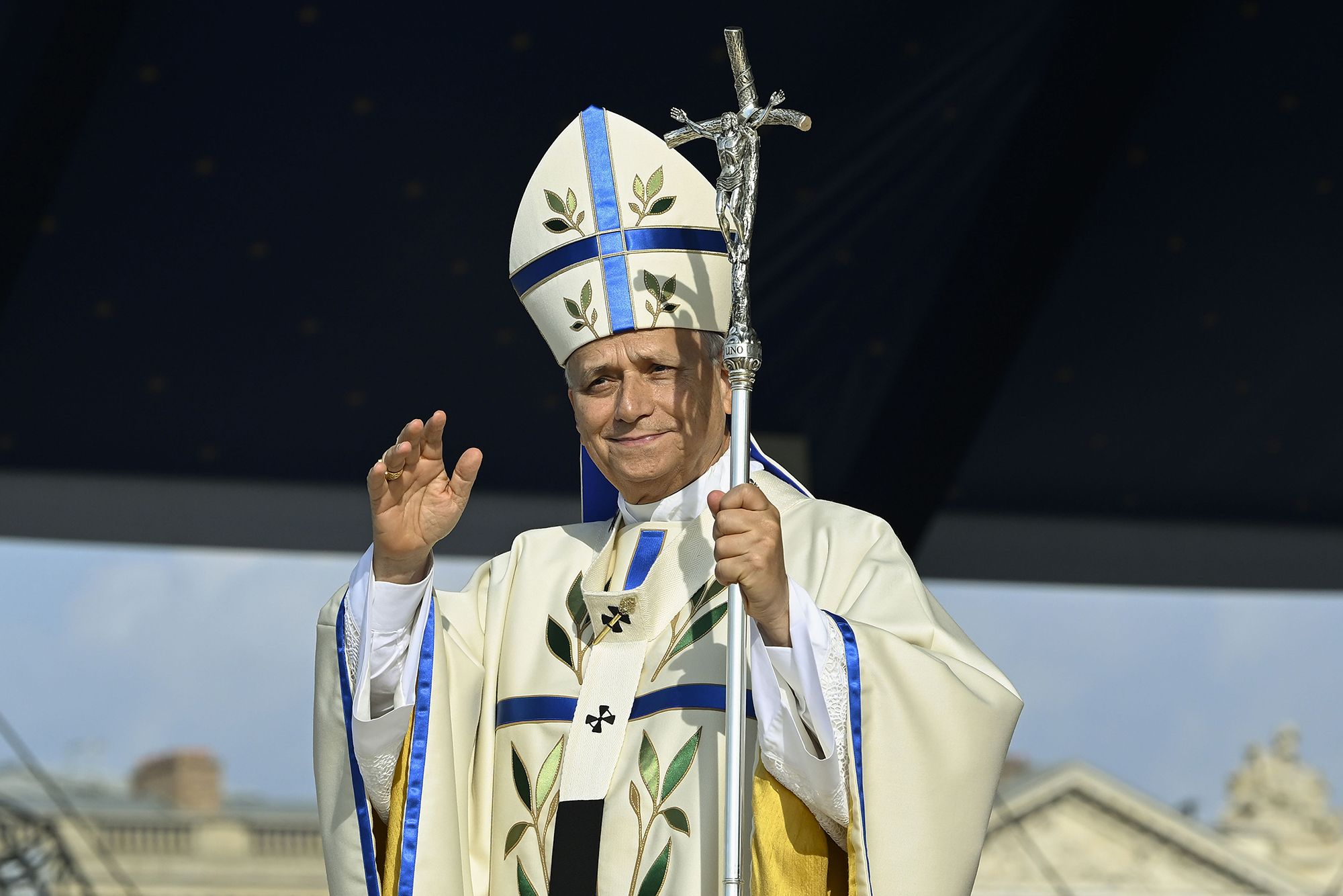 <i>Aurore Marechal/Getty Images via CNN Newsource</i><br/>Pope Leo XIV on stage next to French bishop Etienne Guillet during a prayer vigil with young people at the Stade de France.