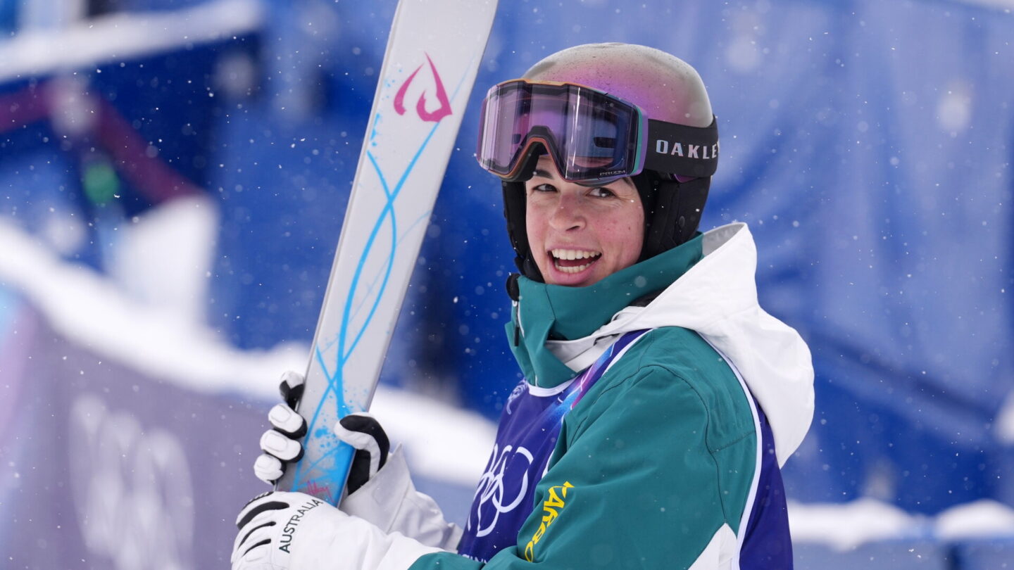 Jakara Anthony of Australia reacts after winning the freestyle skiing women's dual moguls big final at the Milan-Cortina 2026 Olympic Winter Games in Livigno