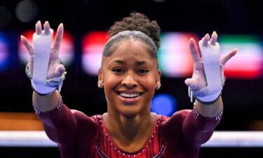US' Skye Blakely reacts as she competes on the Uneven Bars in the Women's Individual All-Around Final during the 54th FIG Artistic Gymnastics World Championships