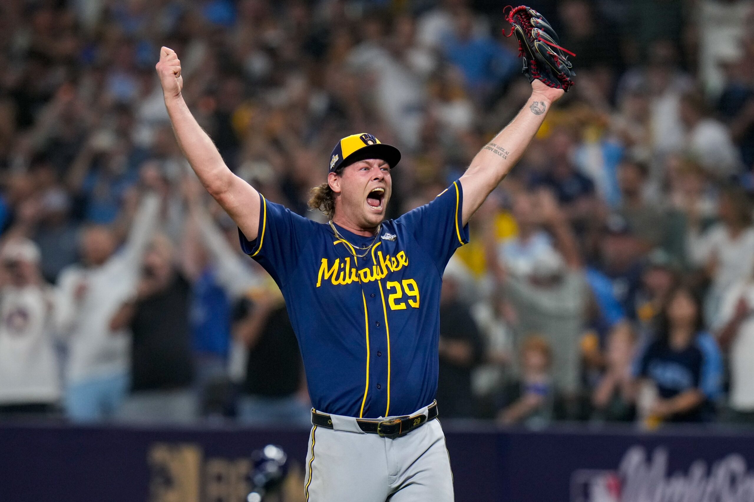 <i>(AP Photo/Chris O'Meara) via CNN Newsource</i><br/>Milwaukee Brewers pitcher Trevor Megill celebrates after winning baseball's World Series