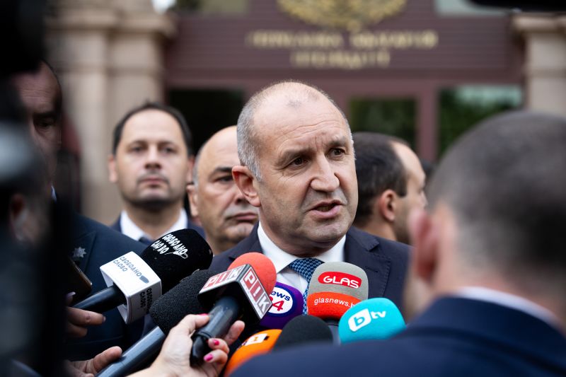 <i>Hristo Vladev/NurPhoto/Getty Images/File via CNN Newsource</i><br/>Bulgarian Prime Minister Rumen Radev speaks to members of the media outside the Presidential Palace in Sofia