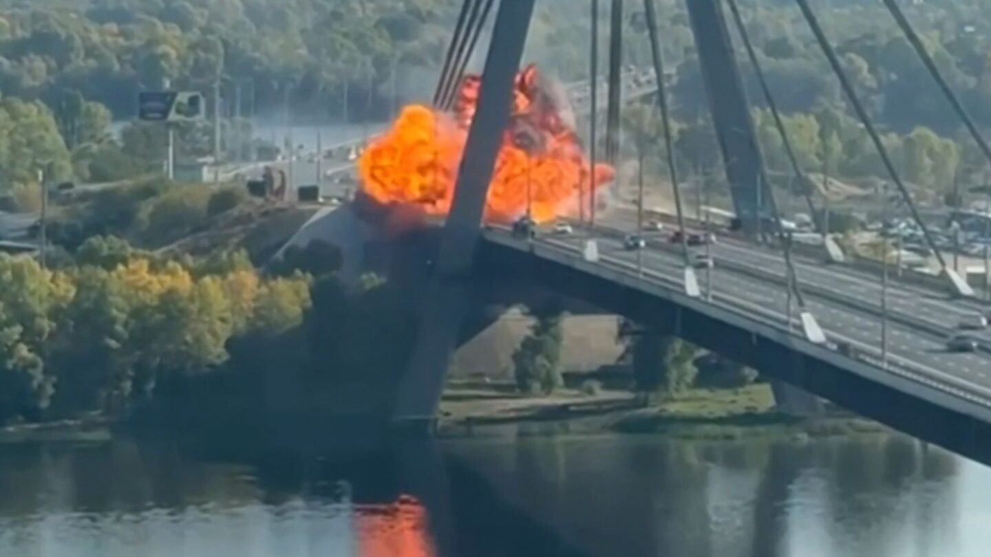 <i>Telegram via CNN Newsource</i><br/>A Russian drone struck a major bridge in the Ukrainian capital of Kyiv on October 4