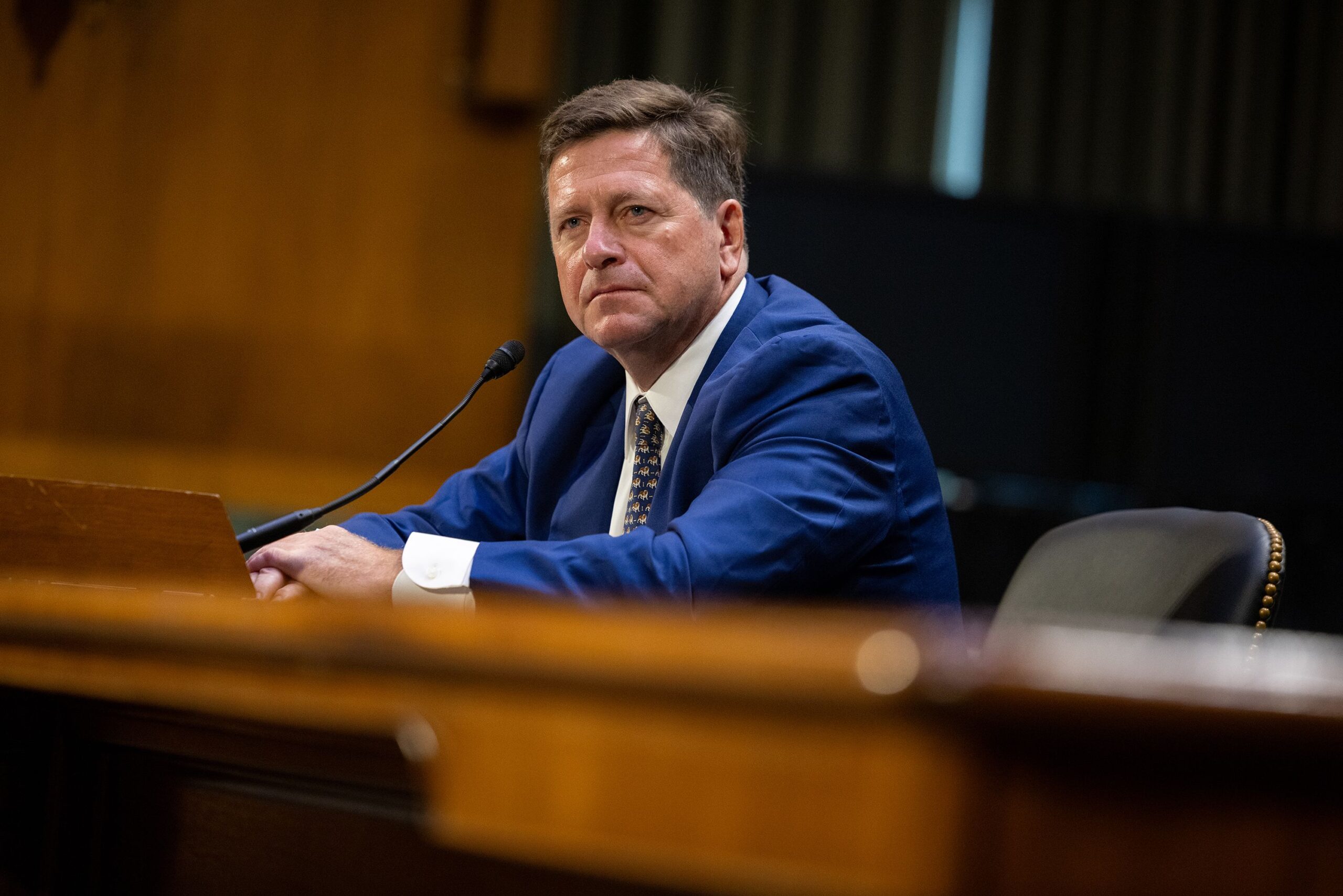 <i>Nathan Posner/Anadolu/Getty Images via CNN Newsource</i><br/>Jay Clayton testifies during his confirmation hearing with the Senate Committee on Intelligence in Washington on July 15