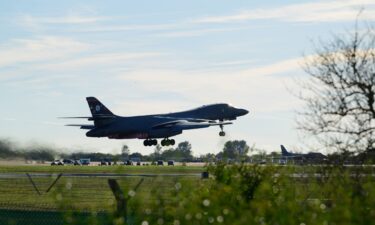 A Rockwell B1 Lancer heavy bomber takes off from RAF Fairford in Fairford