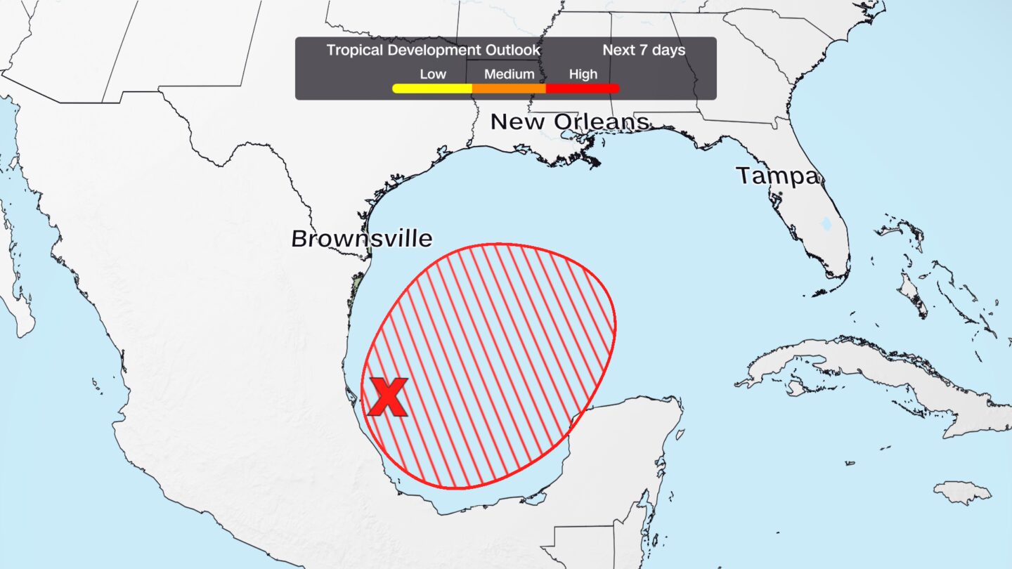 <i>CNN Weather via CNN Newsource</i><br/>The red circle shows where a tropical depression or storm is likely to form later this week.