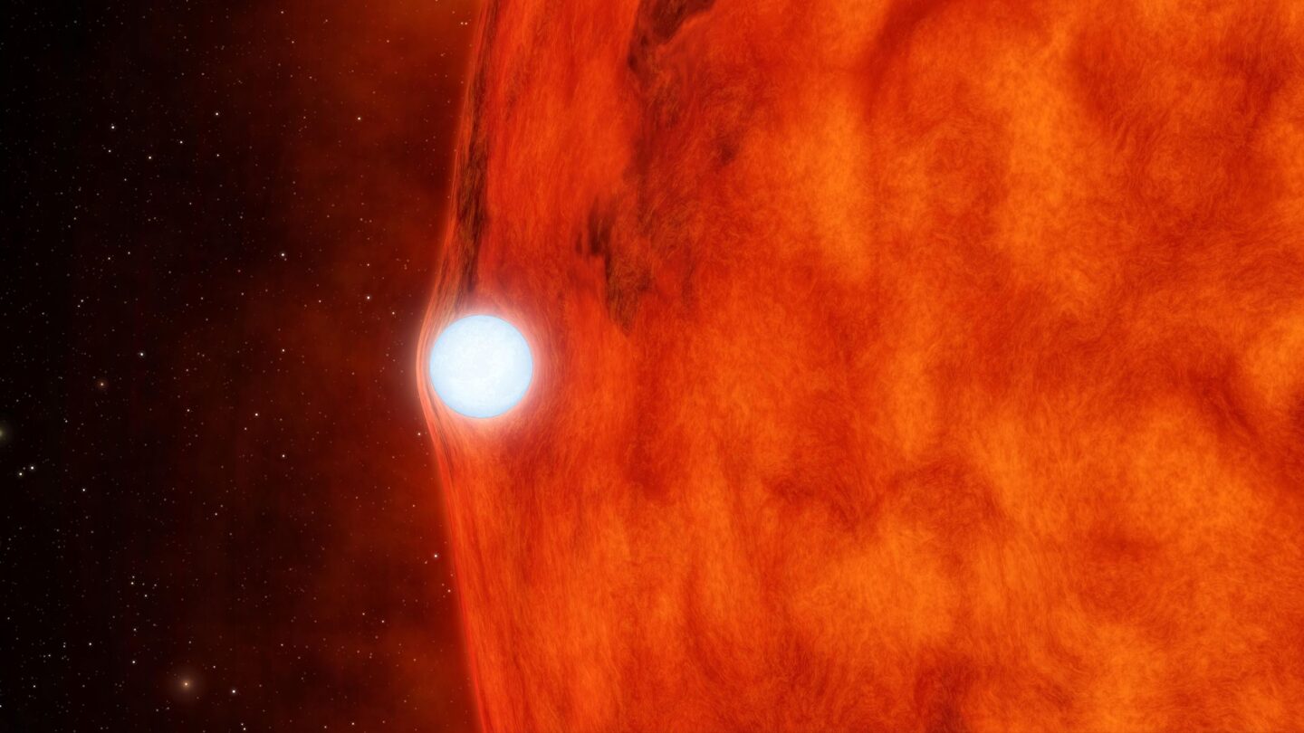 <i>NASA/JPL-Caltech via CNN Newsource</i><br/>An artist's depiction of a white dwarf passing in front of a small red star.