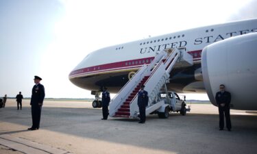 The new Air Force One aircraft is parked ahead of a trip by President Donald Trump on July 1 at Joint Base Andrews