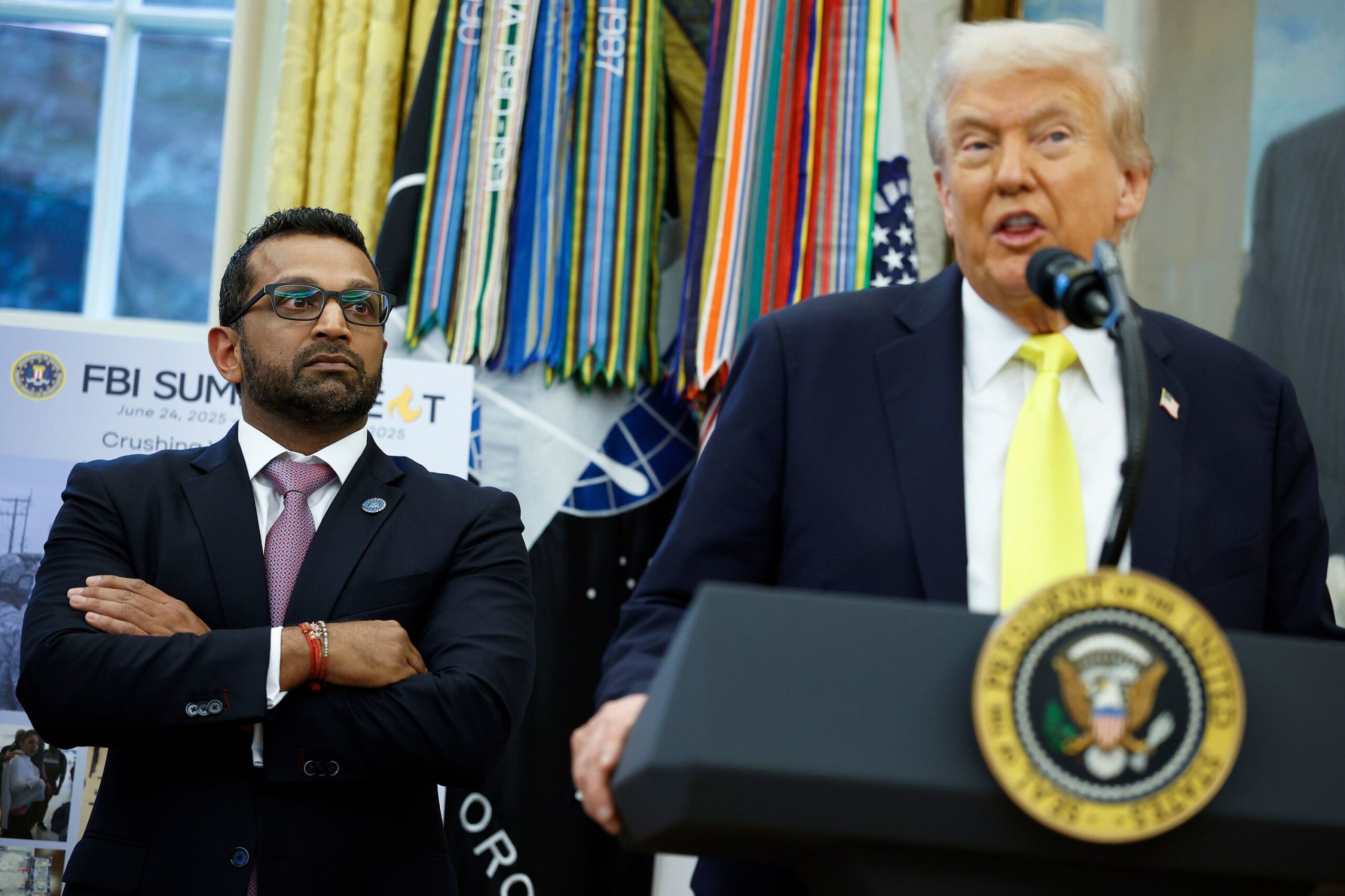 <i>Kevin Dietsch/Getty Images/FILE via CNN Newsource</i><br/>FBI Director Kash Patel looks on as President Donald Trump speaks during a press conference in October 2025.