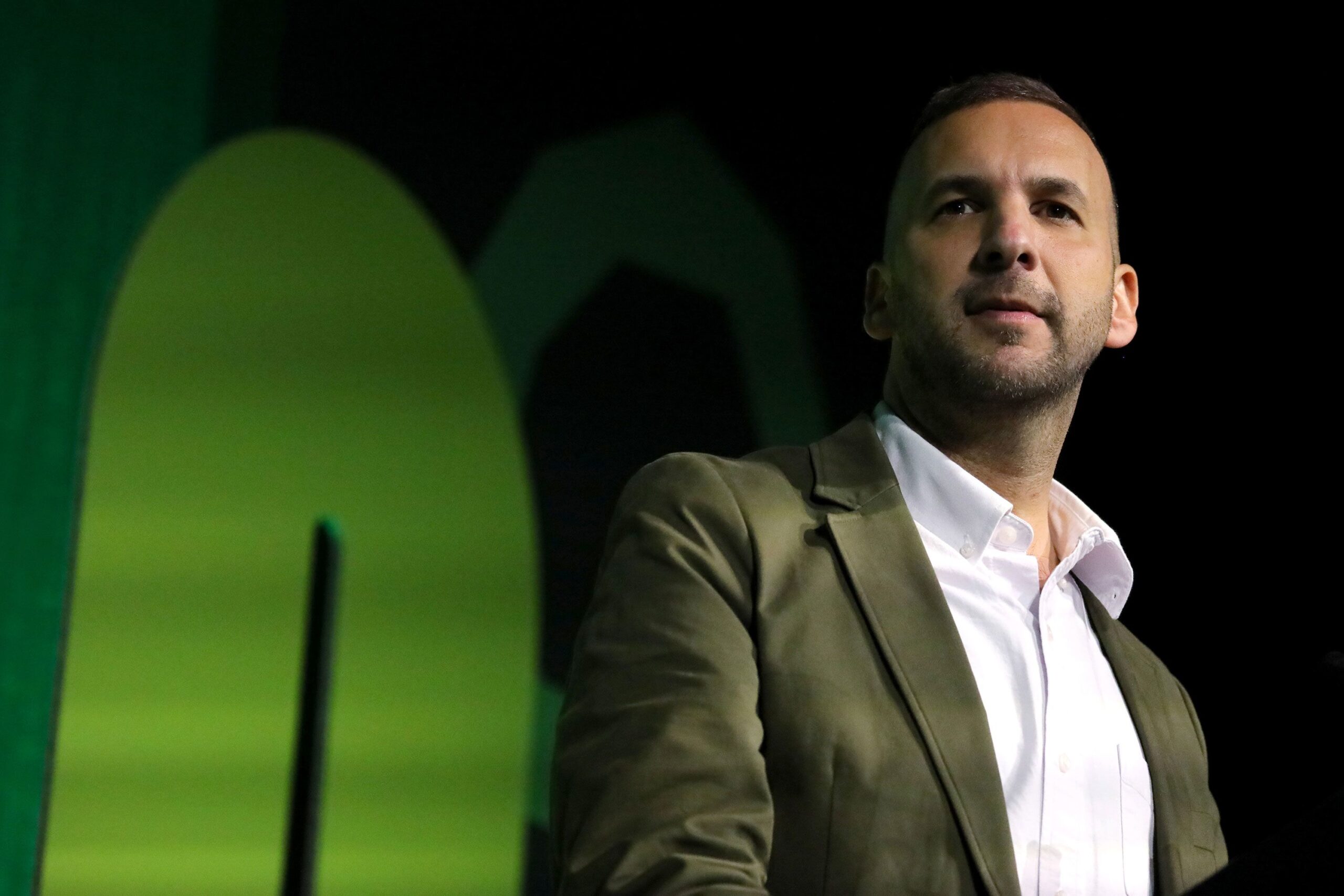 <i>Alishia Abodunde/Getty Images via CNN Newsource</i><br/>Green Party leader Zack Polanski pictured delivering a speech during his party's annual conference in Brighton last week.