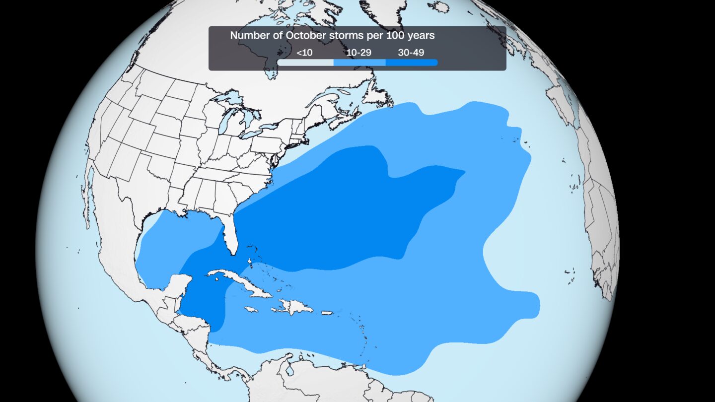 <i>CNN Weather via CNN Newsource</i><br/>The areas where October storms form most frequently based on past history.