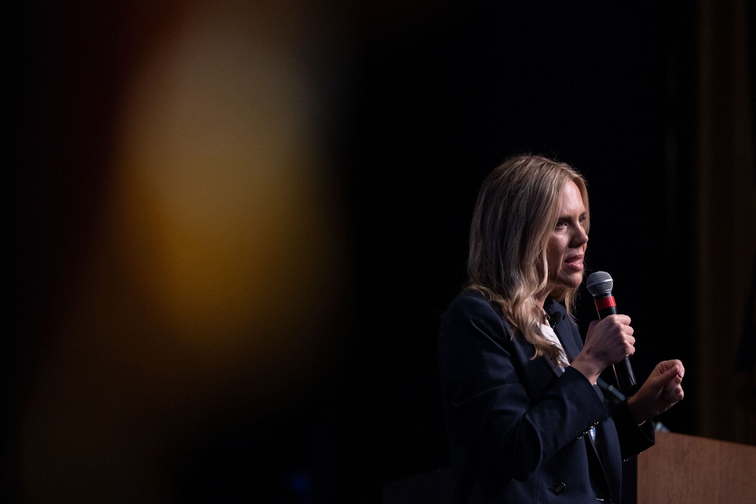 <i>Sean Rayford/Getty Images via CNN Newsource</i><br/>Democratic Senate candidate Annie Andrews speaks during the Spratt Issues Conference at the Francis Marion University Performing Arts Center on August 22