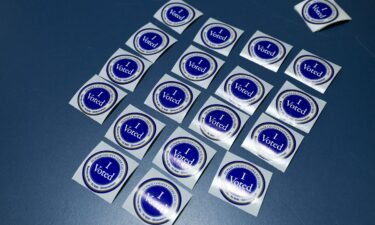 "I Voted" stickers sit on a table at Naperville Municipal Center in Naperville