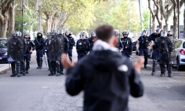 French President Emmanuel Macron talks at Moncloa Palace in Madrid