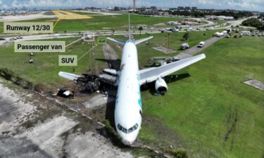 An aerial view annotated by the NTSB shows the path the Amazon Air Boeing 767 took after leaving the runway at Miami International Airport.