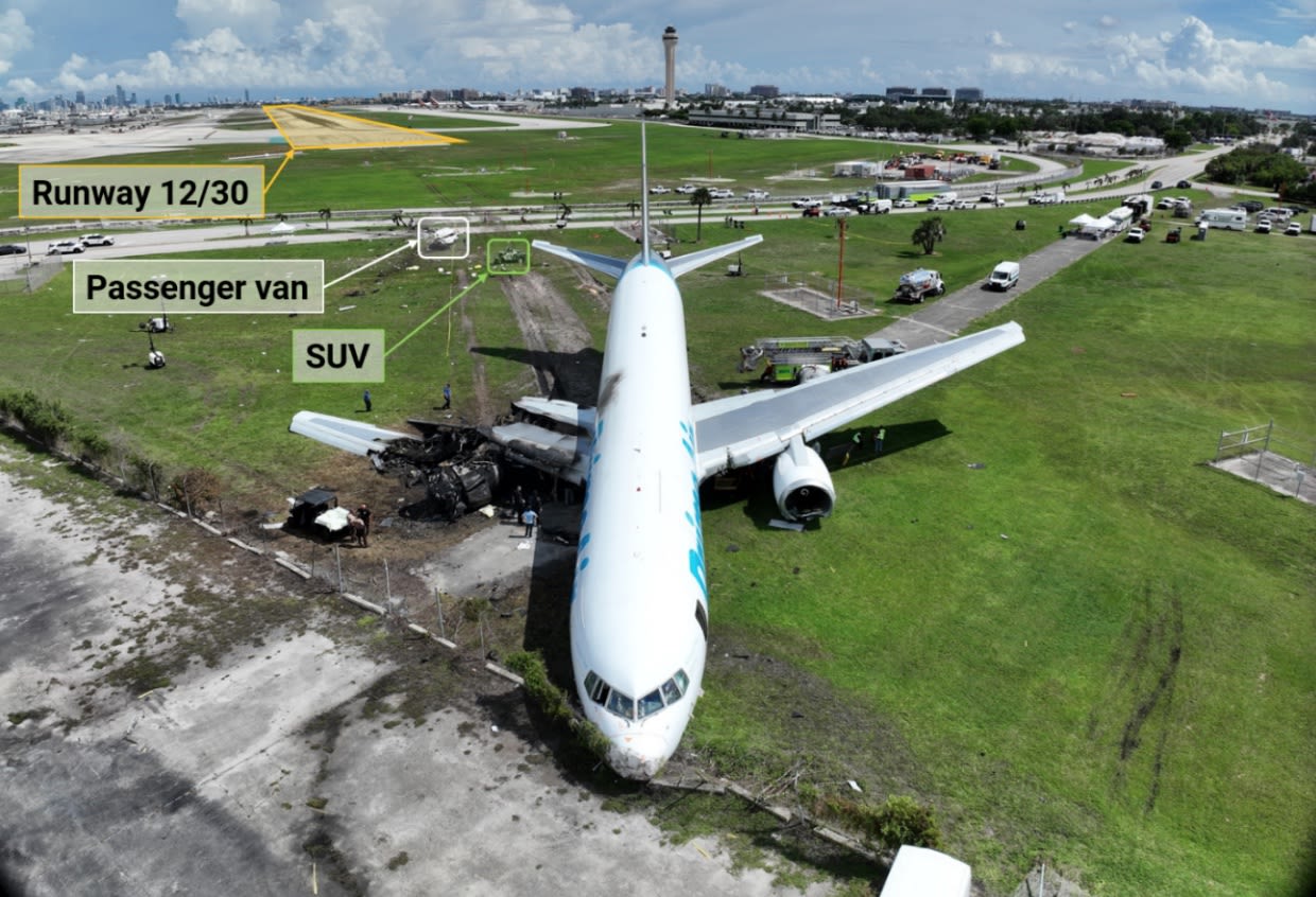 <i>NTSB via CNN Newsource</i><br/>An aerial view annotated by the NTSB shows the path the Amazon Air Boeing 767 took after leaving the runway at Miami International Airport.