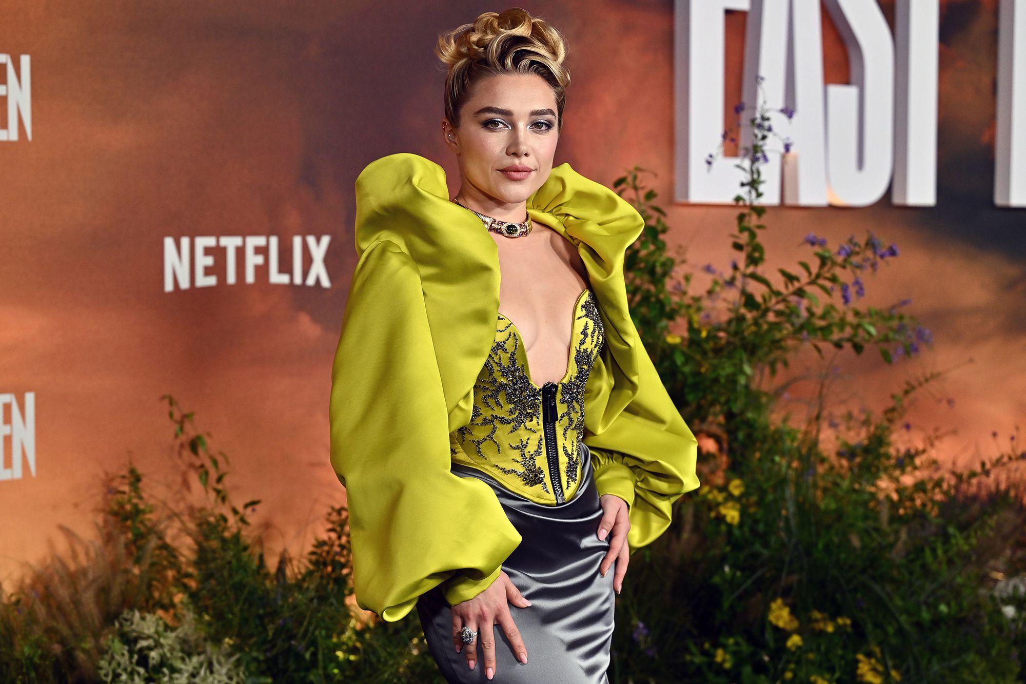 <i>Josh Shinner/Netflix/Getty Images via CNN Newsource</i><br/>A Dior brocade jacket worn as as a mini dress at a photocall for 