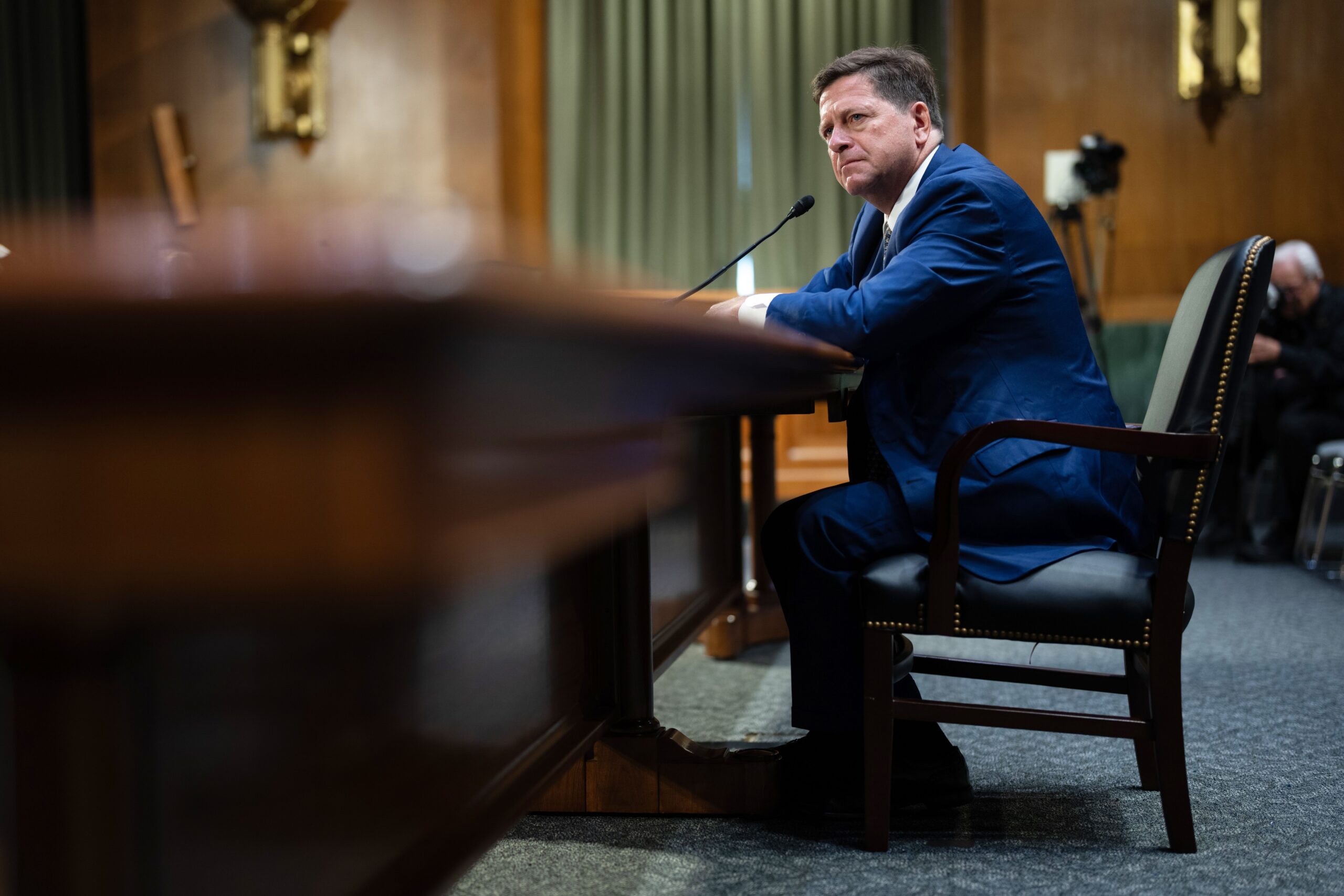<i>Aaron Schwartz/Getty Images via CNN Newsource</i><br/>Jay Clayton appears before the Senate Intelligence Committee during his confirmation hearing on Capitol Hill on July 15