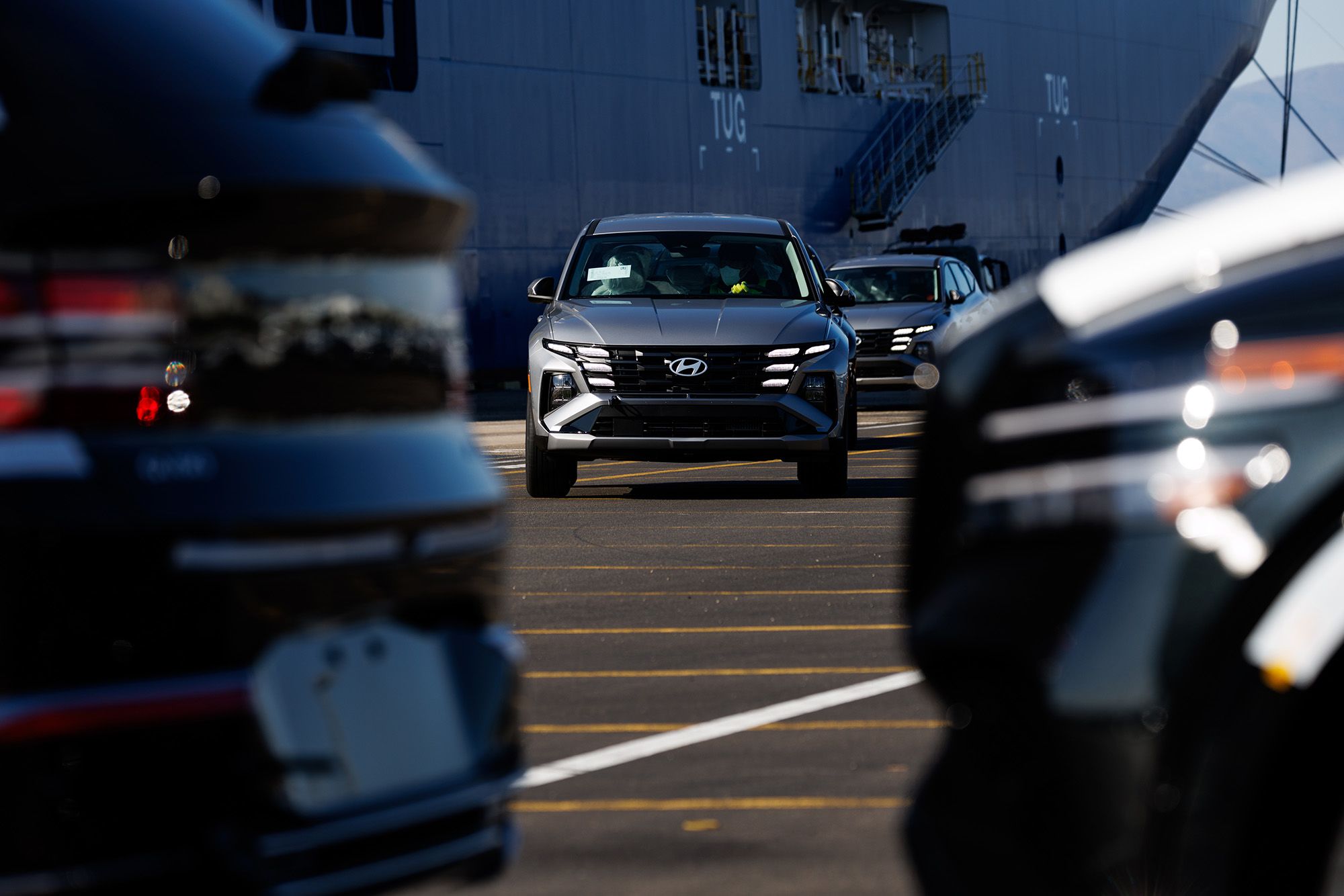 <i>SeongJoon Cho/Bloomberg/Getty Images via CNN Newsource</i><br/>A Hyundai Tucson SUVs bound for export at a port in Ulsan