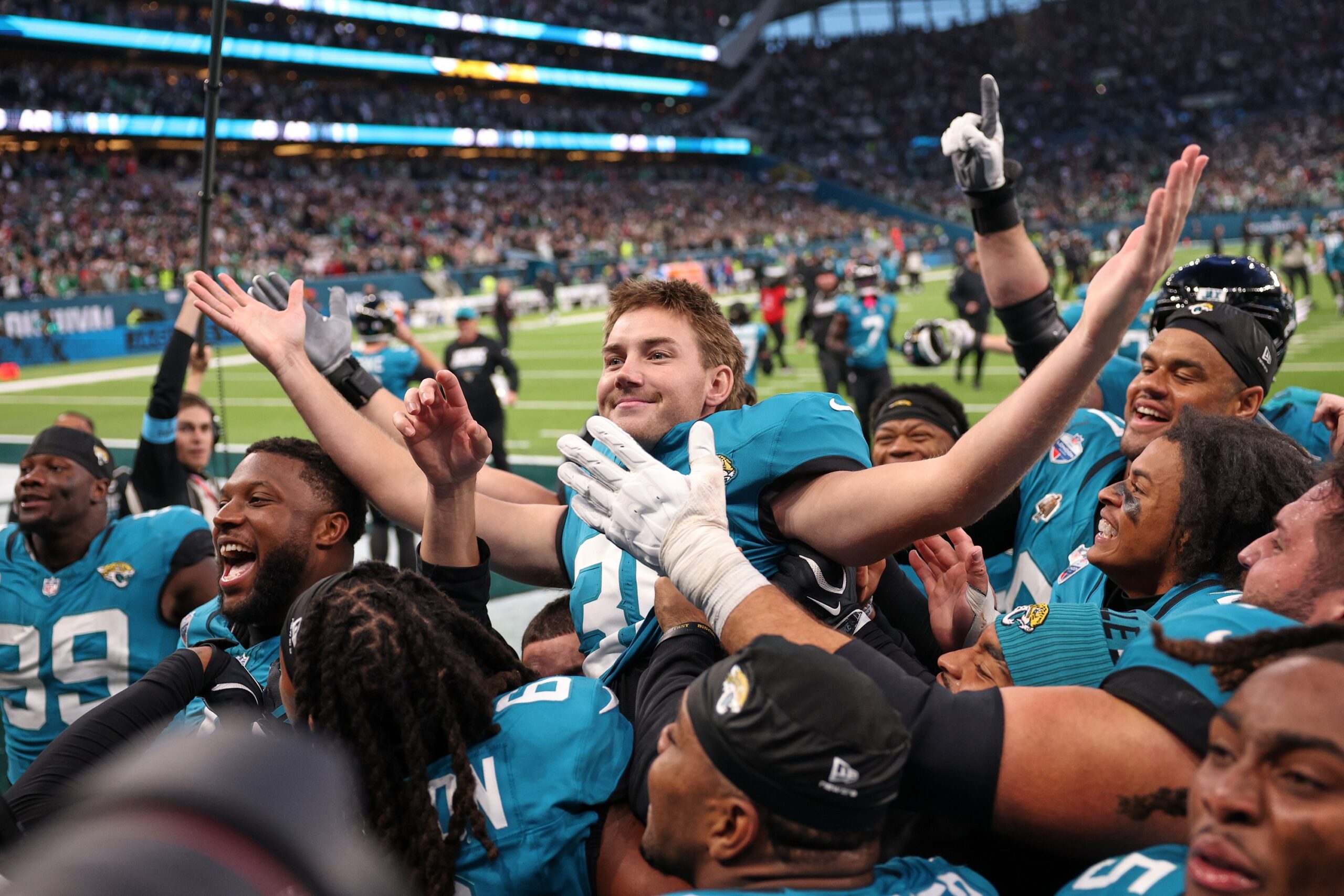 <i>Ian Walton/AP via CNN Newsource</i><br/>Jacksonville Jaguars kicker Cam Little celebrates after scoring the winning field goal against the Philadelphia Eagles in London on Sunday.