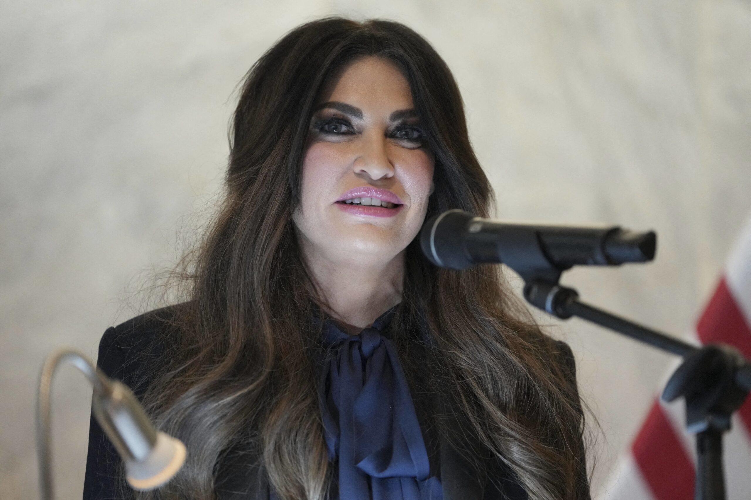 <i>Mark Schiefelbein/AFP/Pool/Getty Images via CNN Newsource</i><br/>US Ambassador to Greece Kimberly Guilfoyle speaks during a dedication ceremony at the chancery of the US Embassy in Athens
