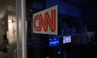 A logo on a booth for CNN is seen in the press area at the White House