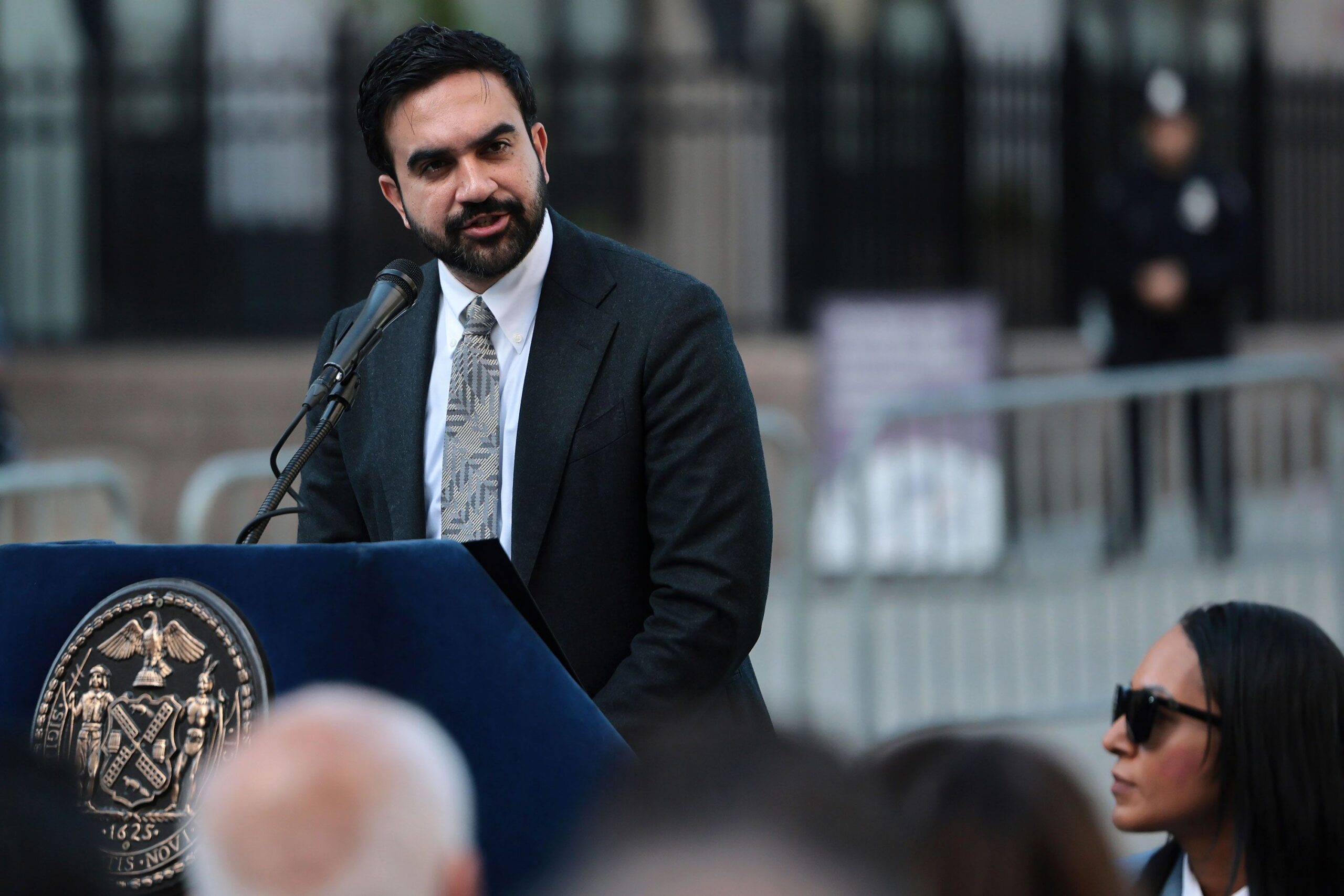 <i>Michael M. Santiago/Getty Images via CNN Newsource</i><br/>New York City Mayor Zohran Mamdani speaks during a ceremony at the NYPD Memorial Wall on Tuesday