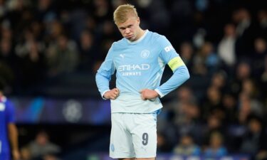 Manchester City's Erling Haaland reacts after PSG's Maghnes Akliouche scores their fourth goal during the Champions League opening phase in Manchester