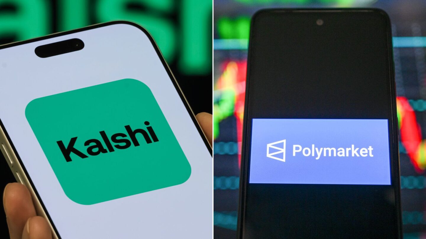 <i>Cheng Xin/Omar Marques/SOPA Images/LightRocket/Getty Images via CNN Newsource</i><br/>These photo illustrations show Kalshi and Polymarket prediction market apps.