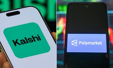 These photo illustrations show Kalshi and Polymarket prediction market apps.