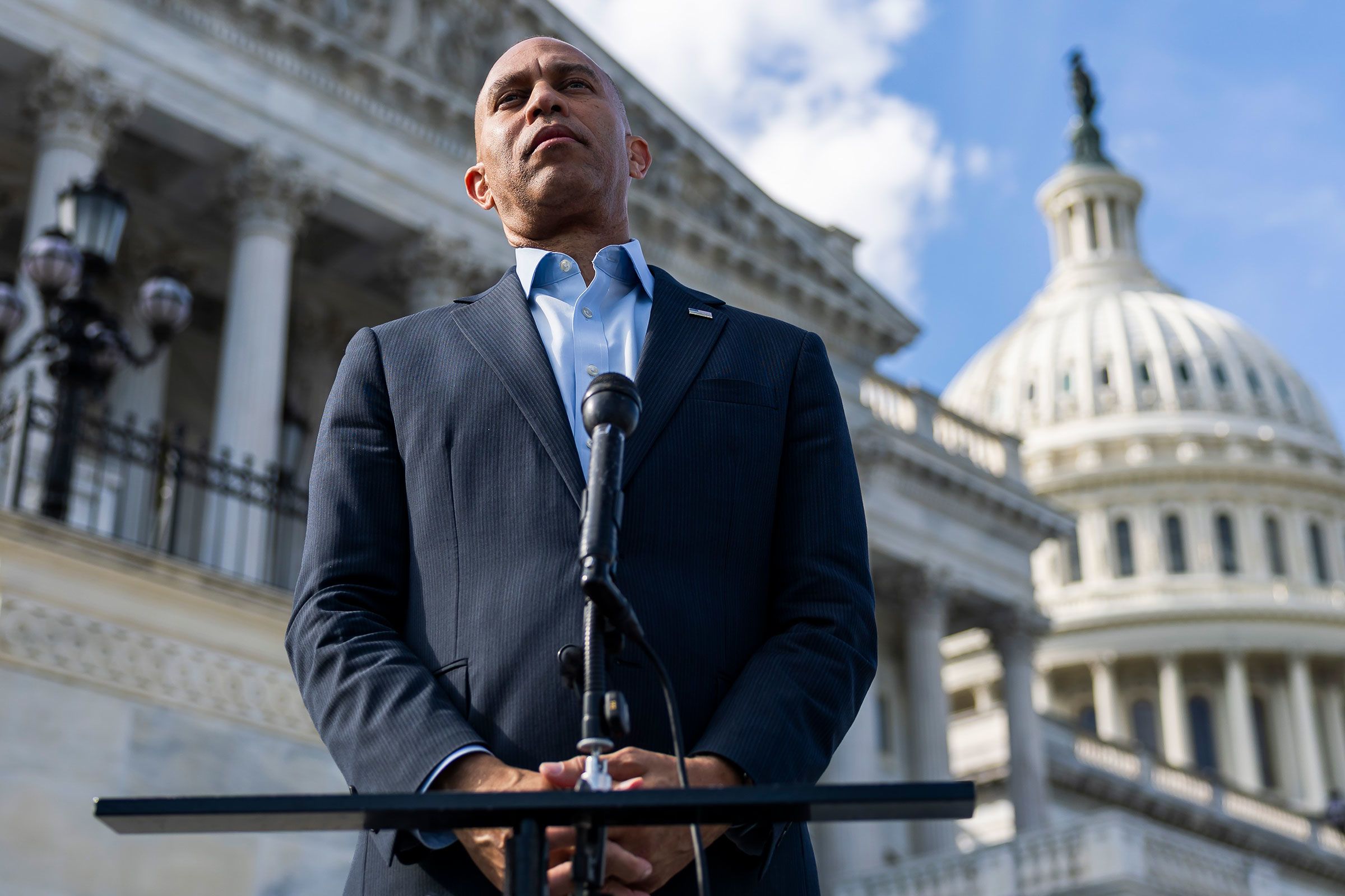 <i>Finn Gomez/Getty Images via CNN Newsource</i><br/>House Minority Leader Hakeem Jeffries speaks to the press on the steps of the US Capitol on September 30.