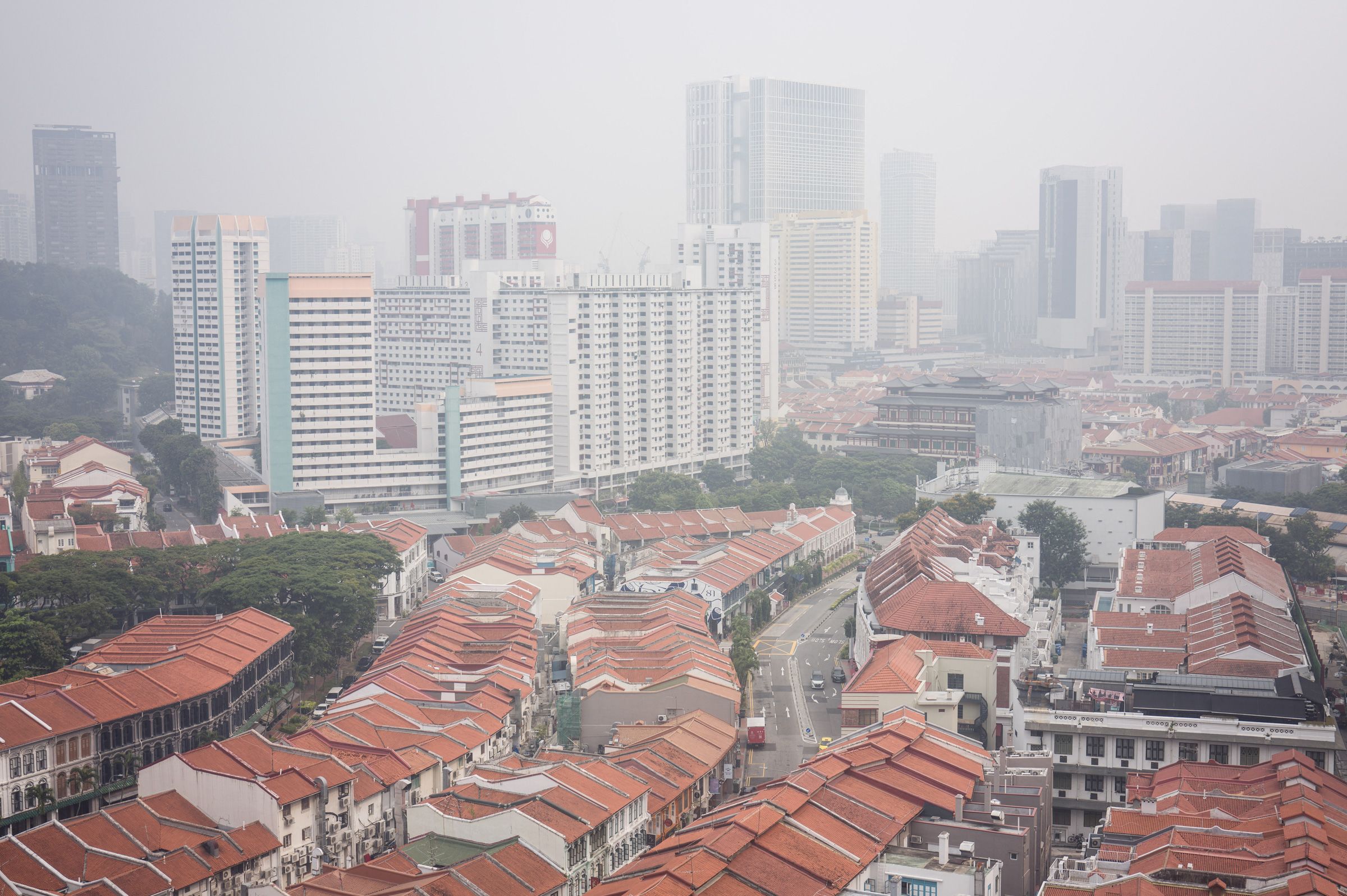 <i>Anthony Wallace/AFP/Getty Images via CNN Newsource</i><br/>Pedestrians walk across a road as buildings are seen shrouded by haze in Singapore on October 9. Indonesia has been battling fires for weeks in parts of Borneo and Sumatra