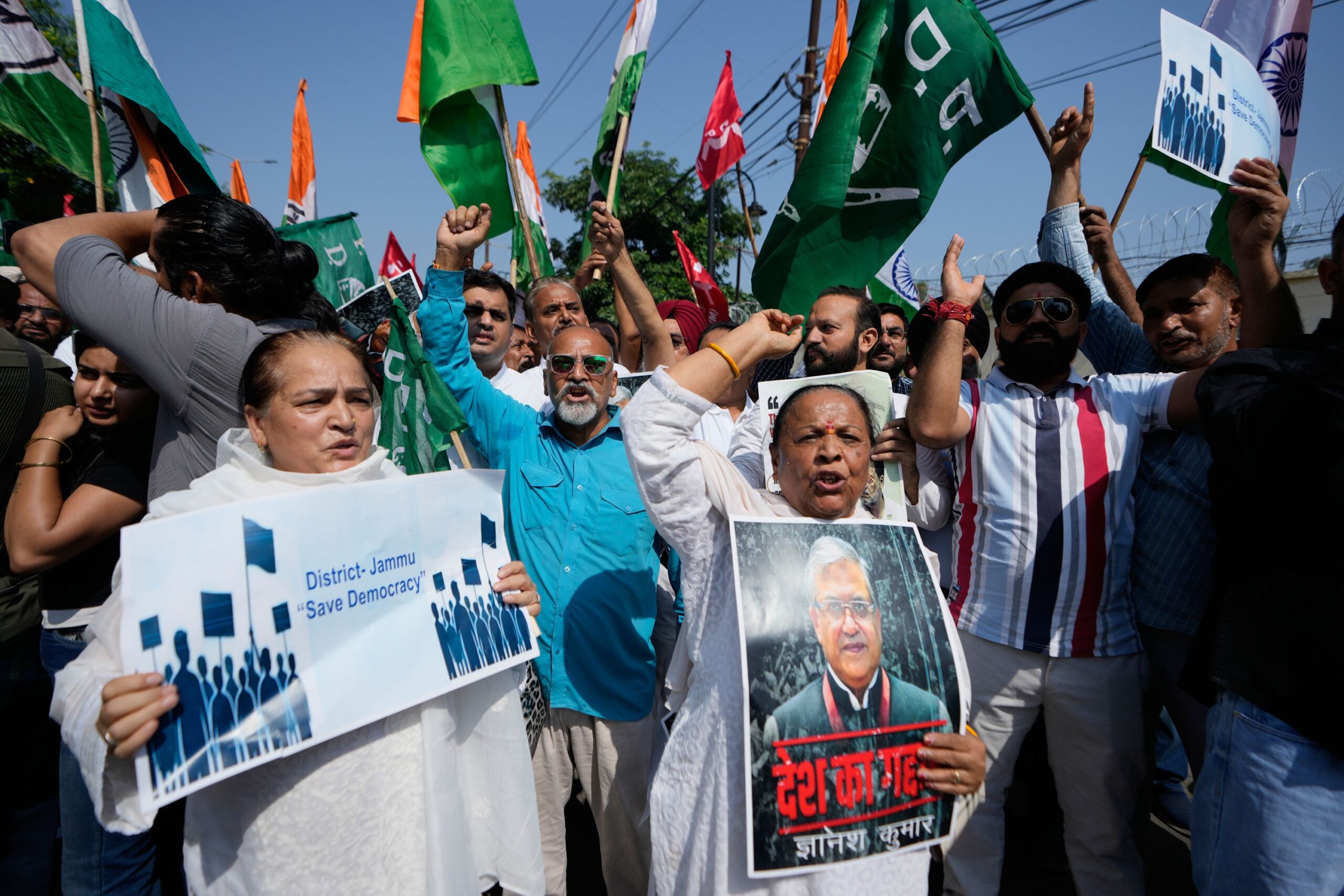 <i>Channi Anand/AP via CNN Newsource</i><br/>Supporters of India's opposition parties hold placards as they march demanding the resignation of the country's election chief Gyanesh Kumar in Jammu