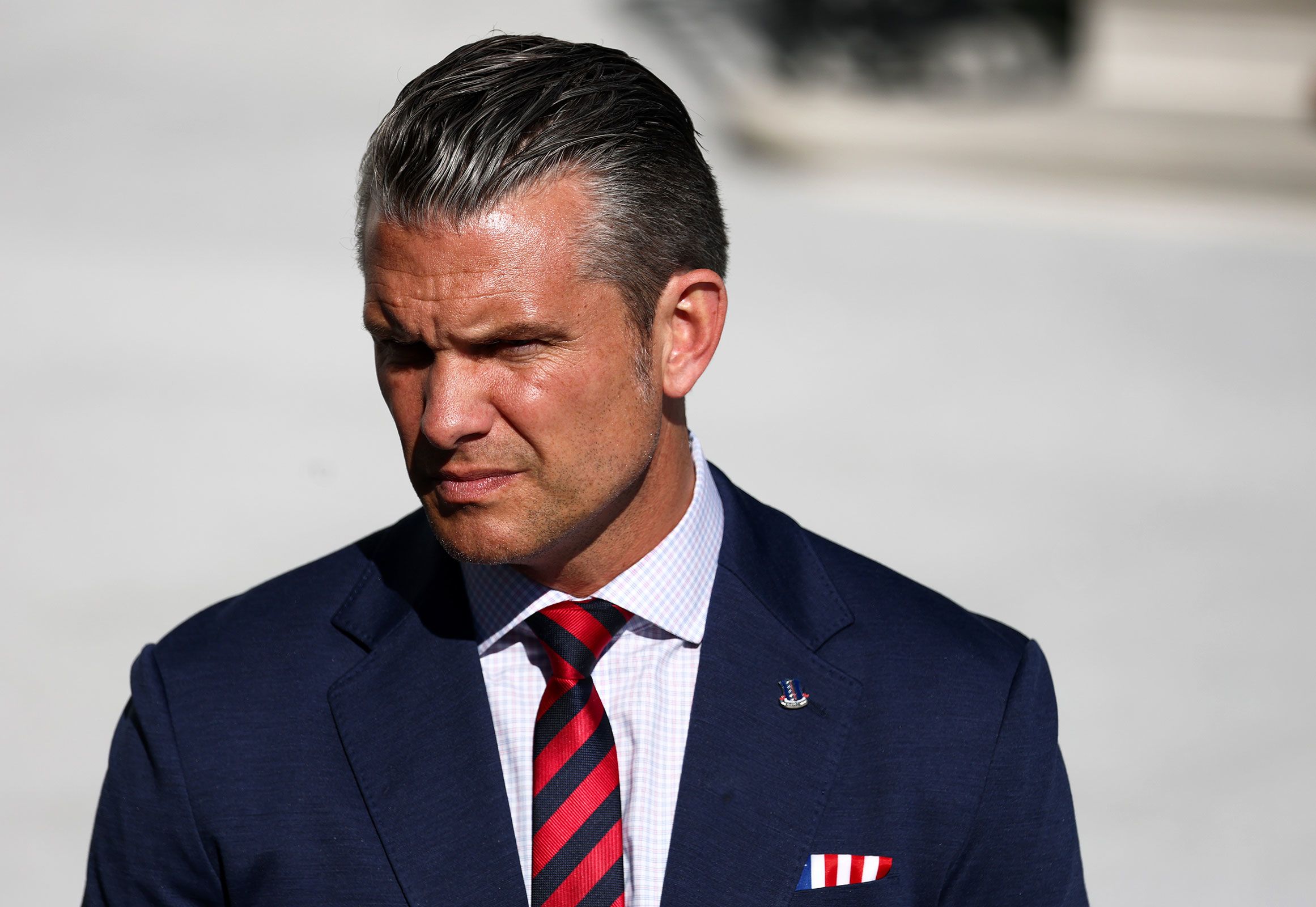 <i>Finn Gomez/Getty Images via CNN Newsource</i><br/>Secretary of Defense Pete Hegseth looks on as President Donald Trump speaks to the news media