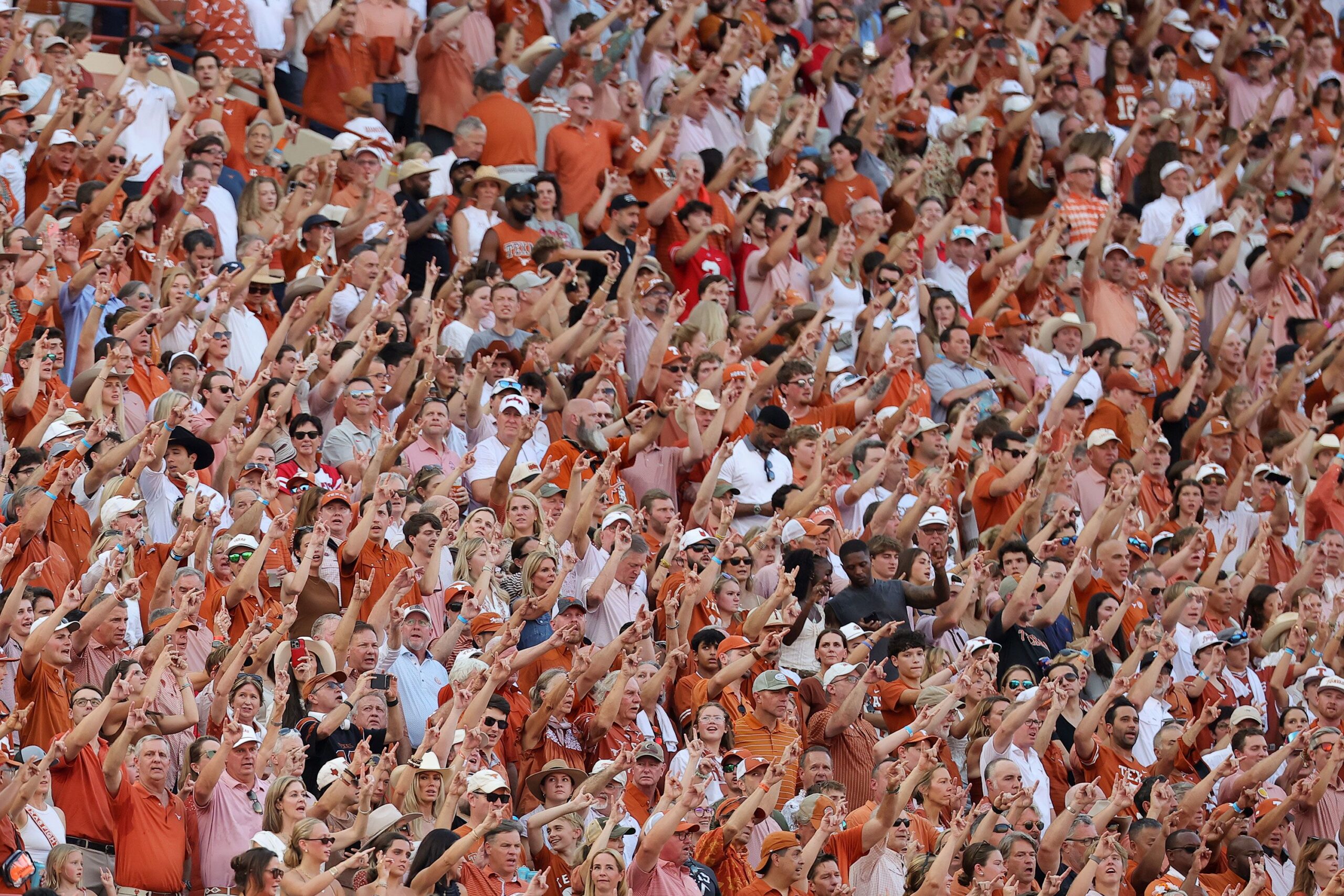 <i>Alex Slitz/Getty Images via CNN Newsource</i><br/>The crowd cheering on the Texas Longhorns on September 12.
