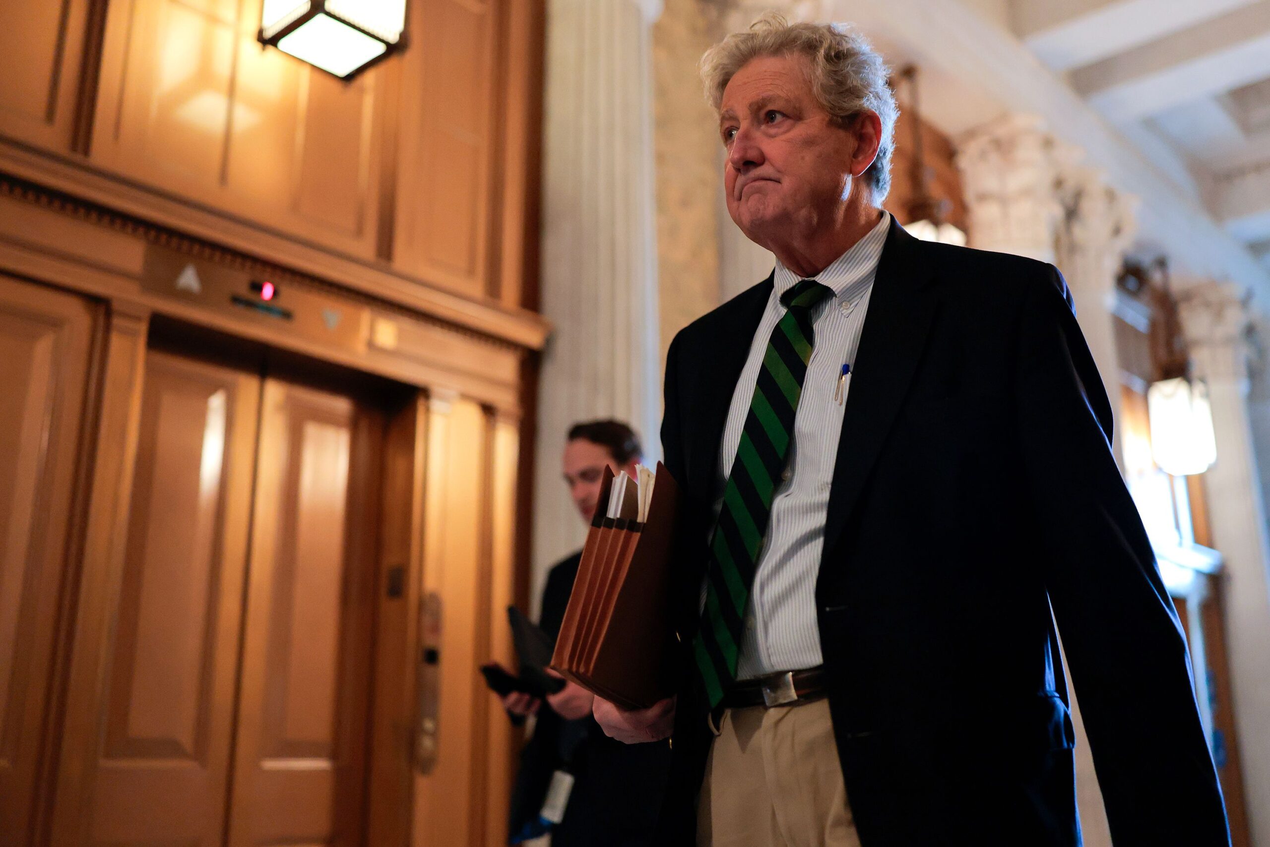 <i>Heather Diehl/Getty Images via CNN Newsource</i><br/>U.S. Sen. John Kennedy (R-LA) arrives for a vote at the U.S. Capitol Building on April 13